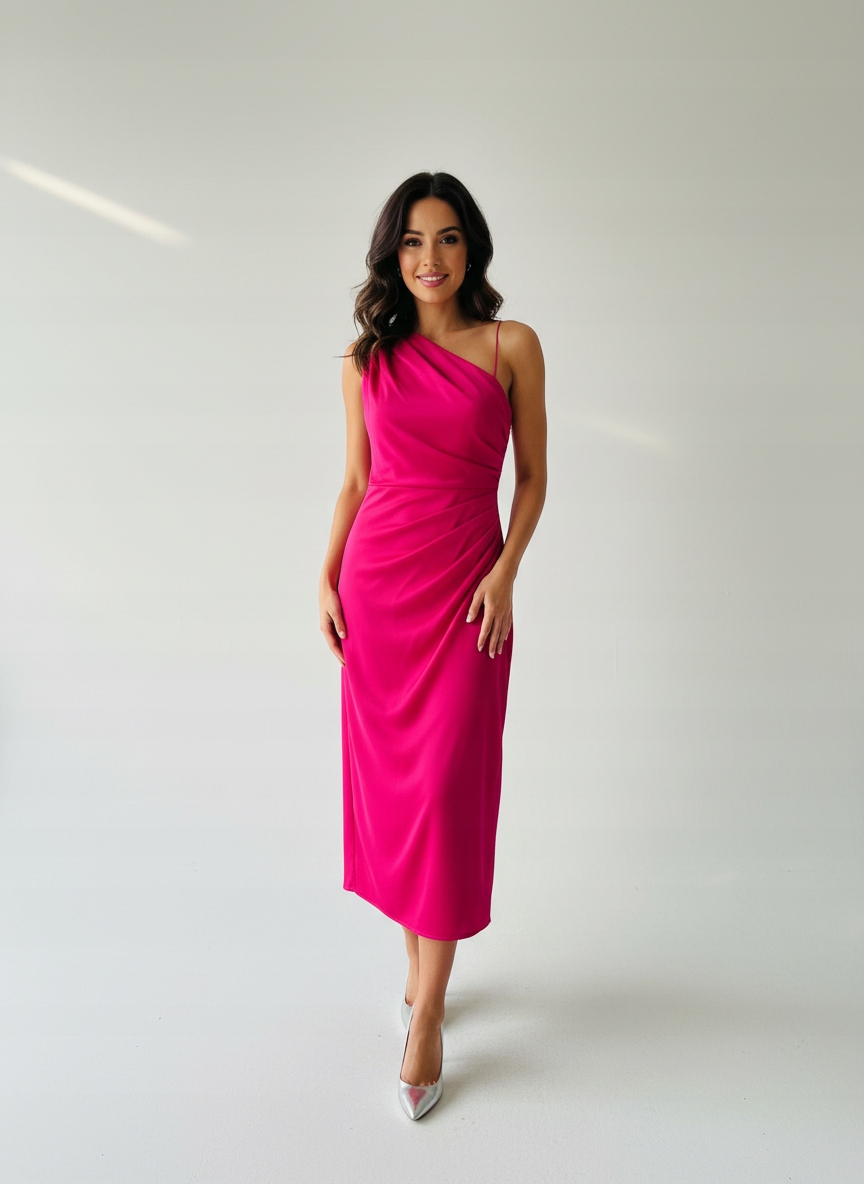 Saténová šaty midi na jedno rameno v barvě amarantu Velikost 40