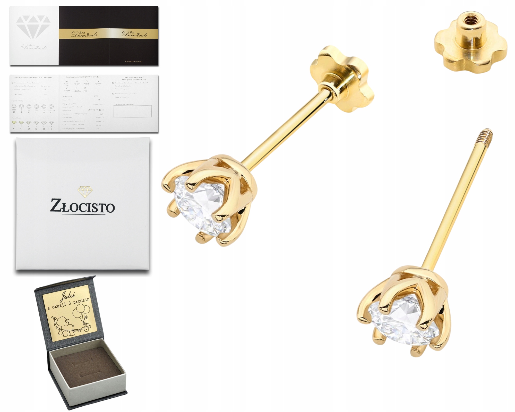 Zlaté Náušnice S Laboratorními Diamanty Na Šroubovacím Pěncí Ryzost 585
