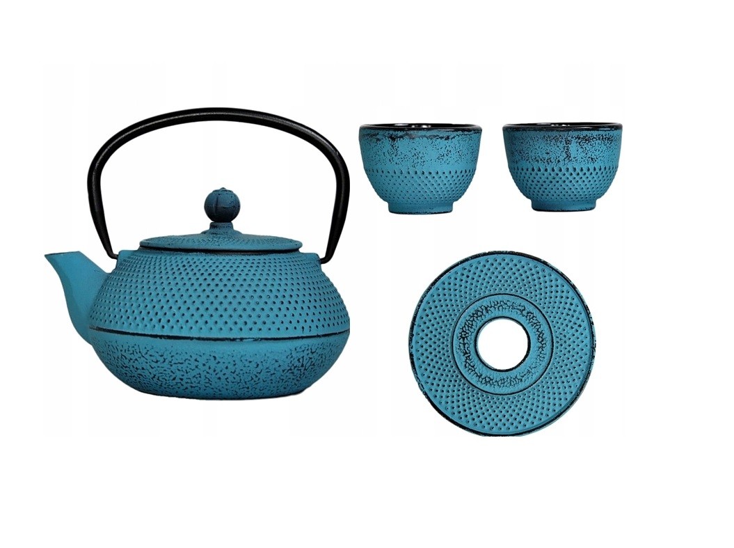 Żeliwny zestaw dzbanek podstawka i 2 czarki Niebie