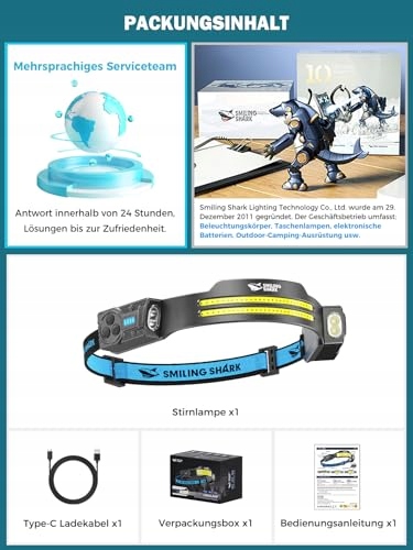 SMILING SHARK Latarka Czołowa LED 2400mAh Czujnik Ruchu 5 Trybów — miniatura 7