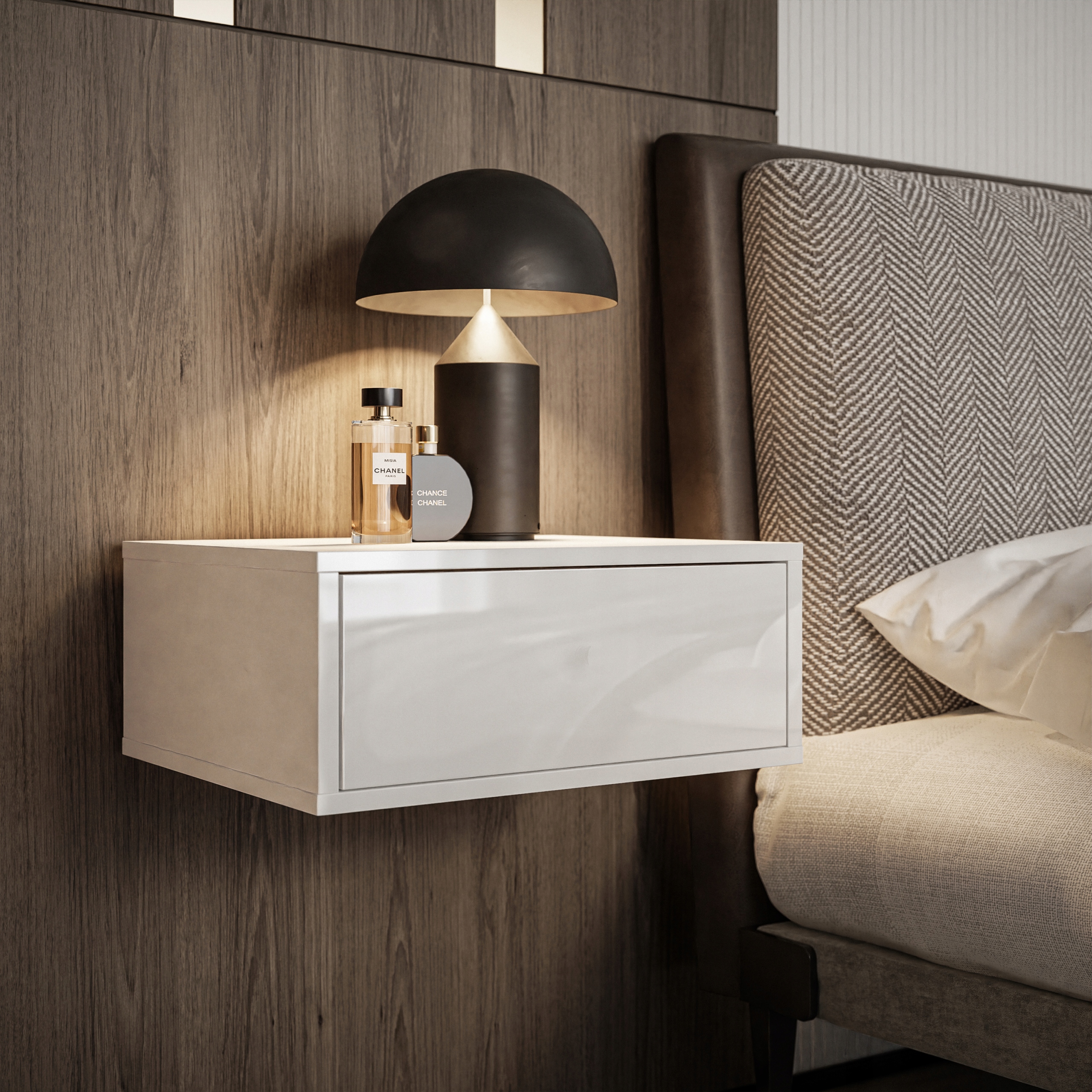 Stolik nocny wiszący BLANCO biały połysk push open Marka Lukmebel