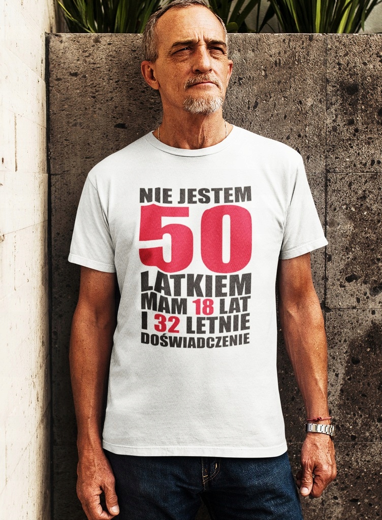 KOSZULKA MĘSKA PREZENT URODZINY 50 LAT ON Dekolt okrągły