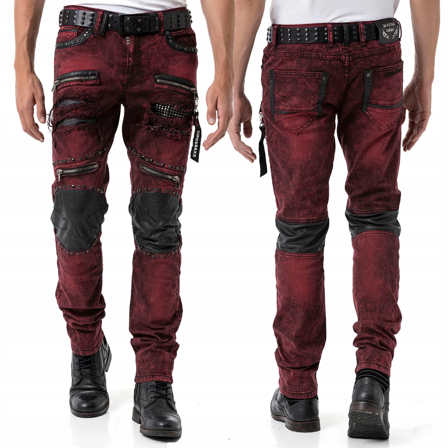 Cipo & Baxx kalhoty pánské CD481 L:32 slim fit nýty zipy 38 bordó