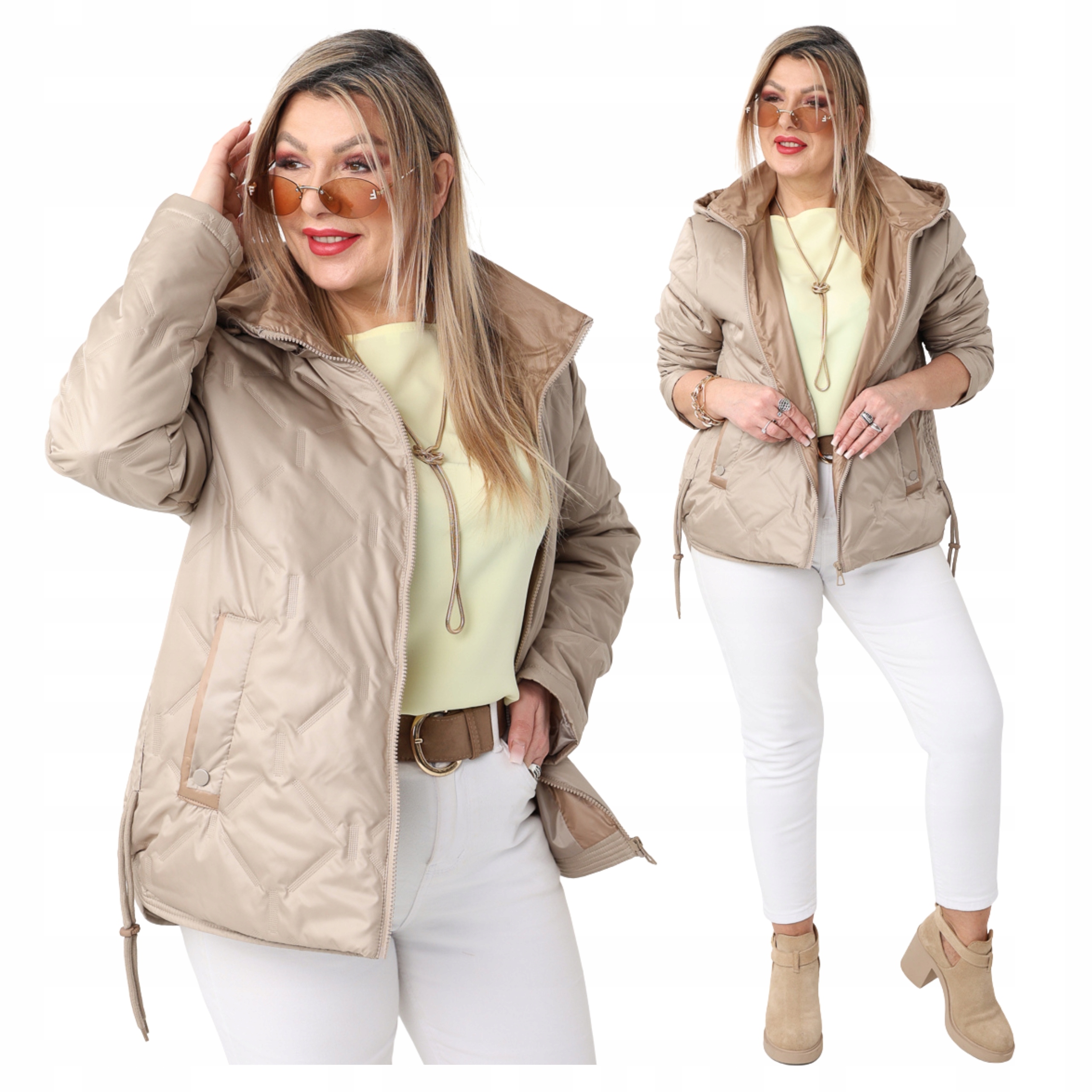 Pikowana Przejściowa Kurtka Damska Duże Rozmiary Regulowana Po Bokach