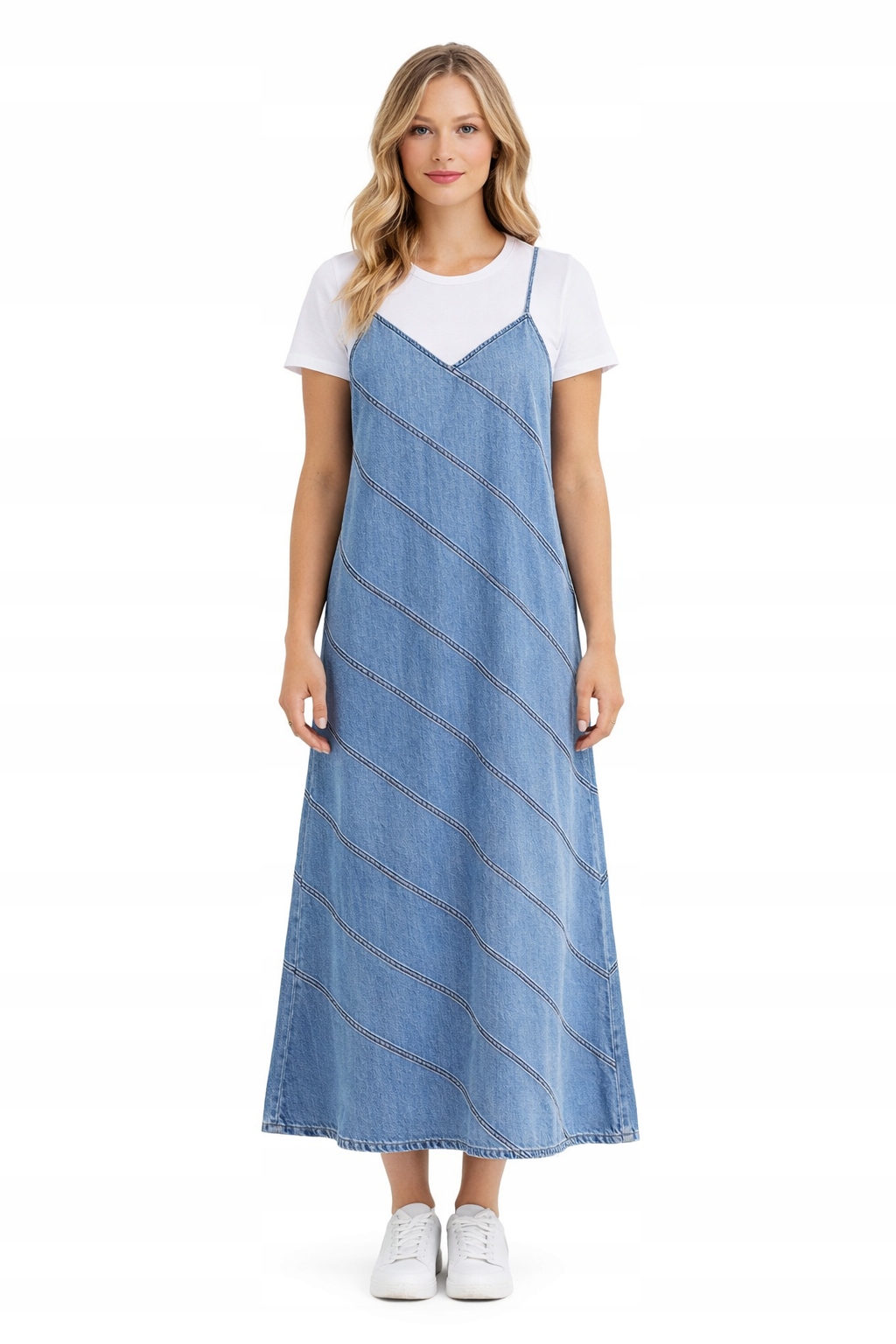 Džínová Šaty Na Ramínkách S Ozdobnými Švy M I4A