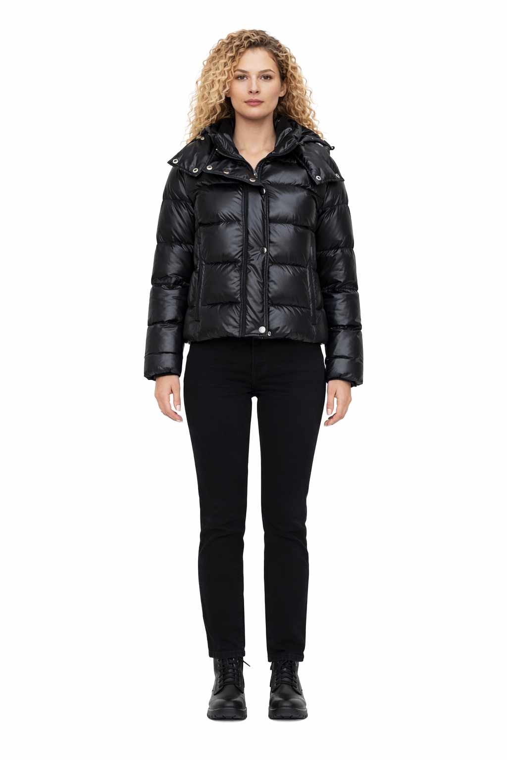 Patrizia Pepe Černá Lesklá Prošívaná Bunda S Kapucí 44 I3C