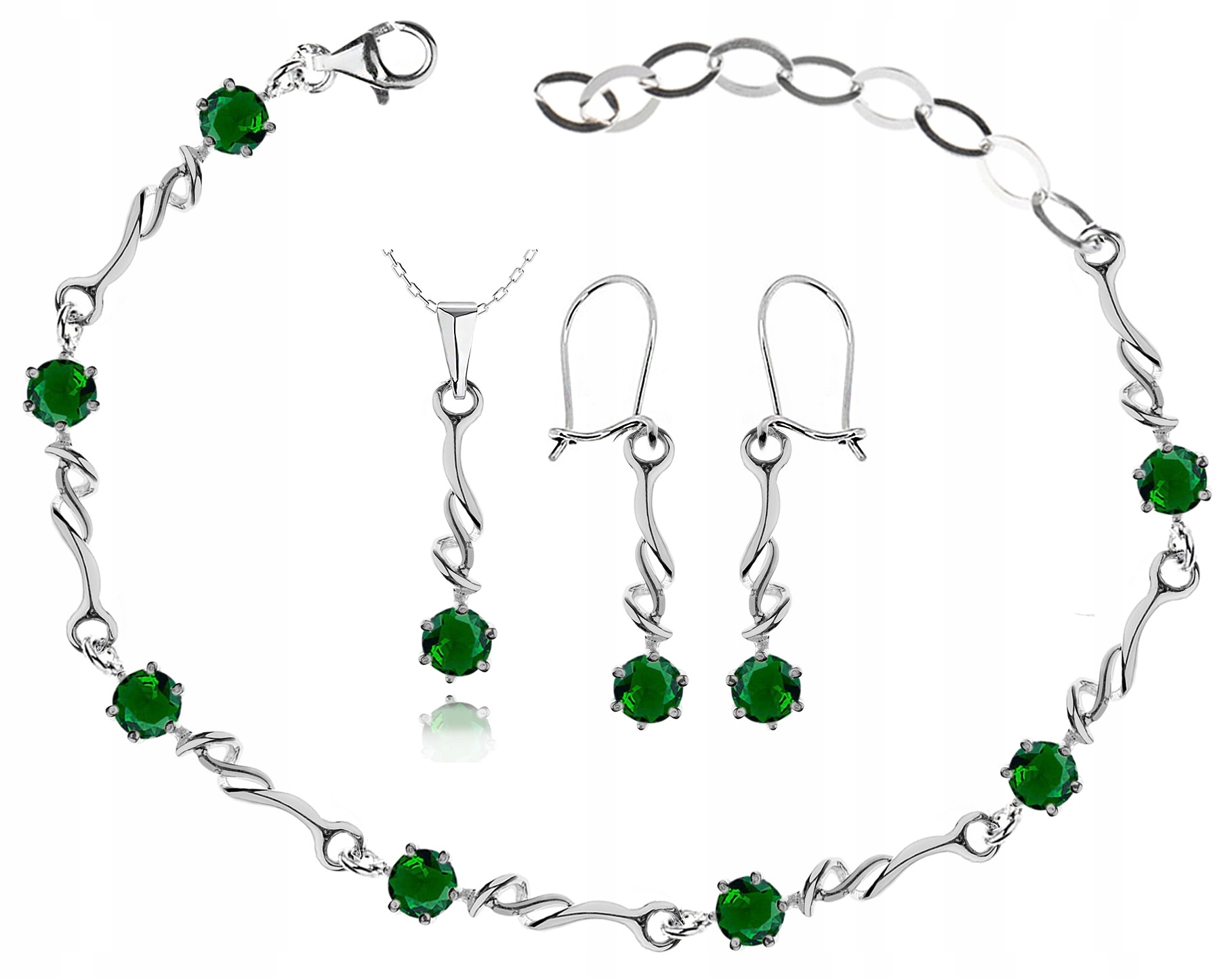 

Srebrny Komplet Biżuterii Z Zielonymi Cyrkoniami