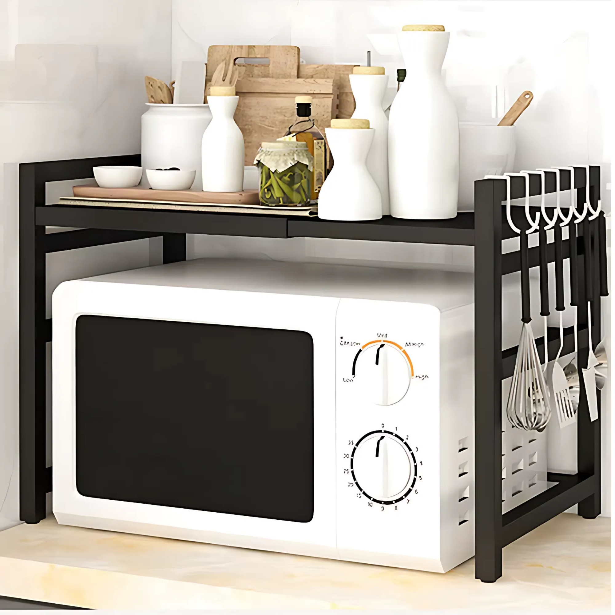 Kuchyňská police vysoká nad mikrovlnnou troubu, regál na pracovní desku, kovový, černý