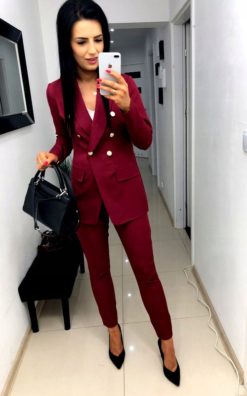 Damski Garnitur Garnitury Damskie Komplet Marynarka Spodnie Bordowe S Materiał dominujący poliester
