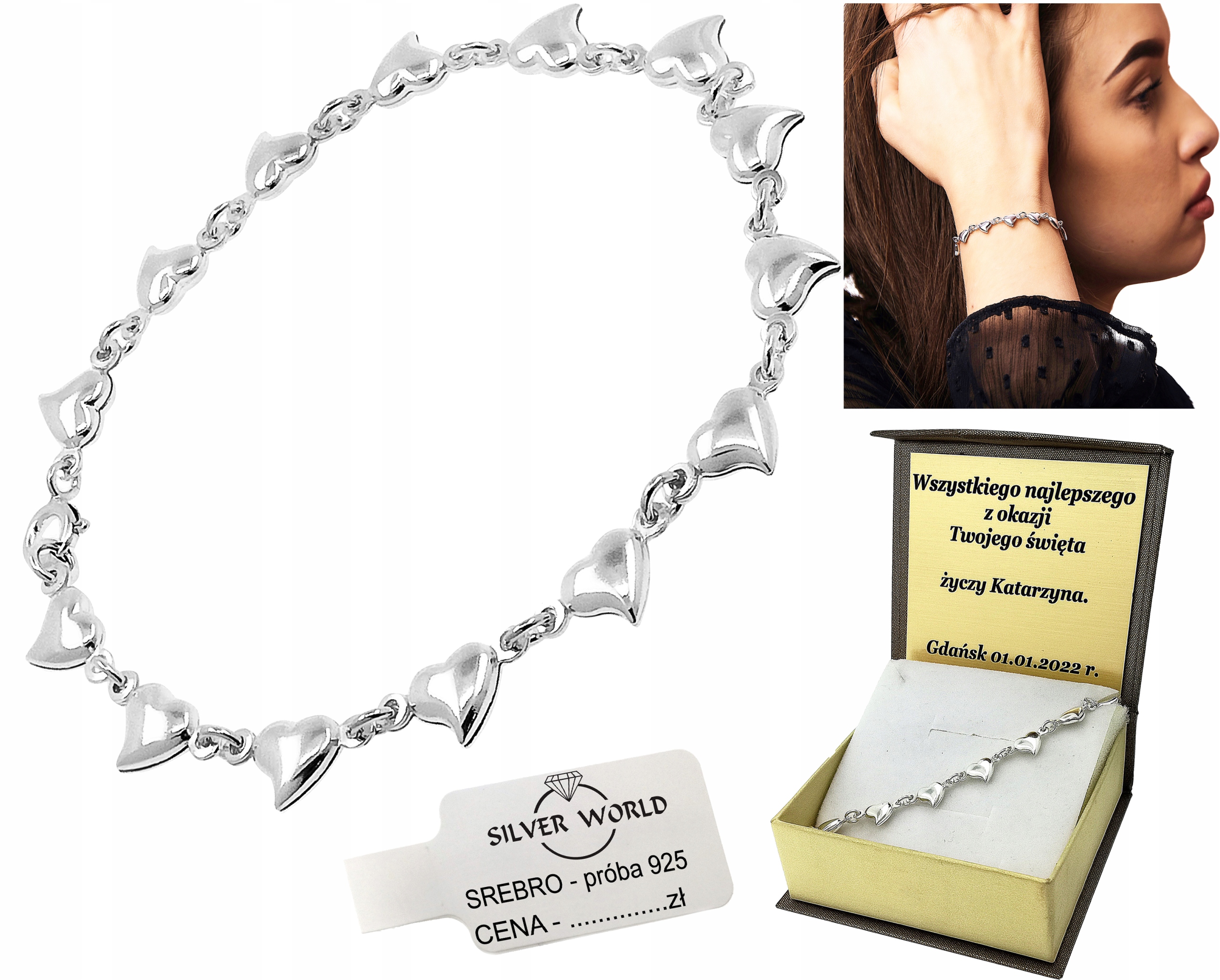 

Elegancka Bransoletka Srebrna 925 Serca + Grawer