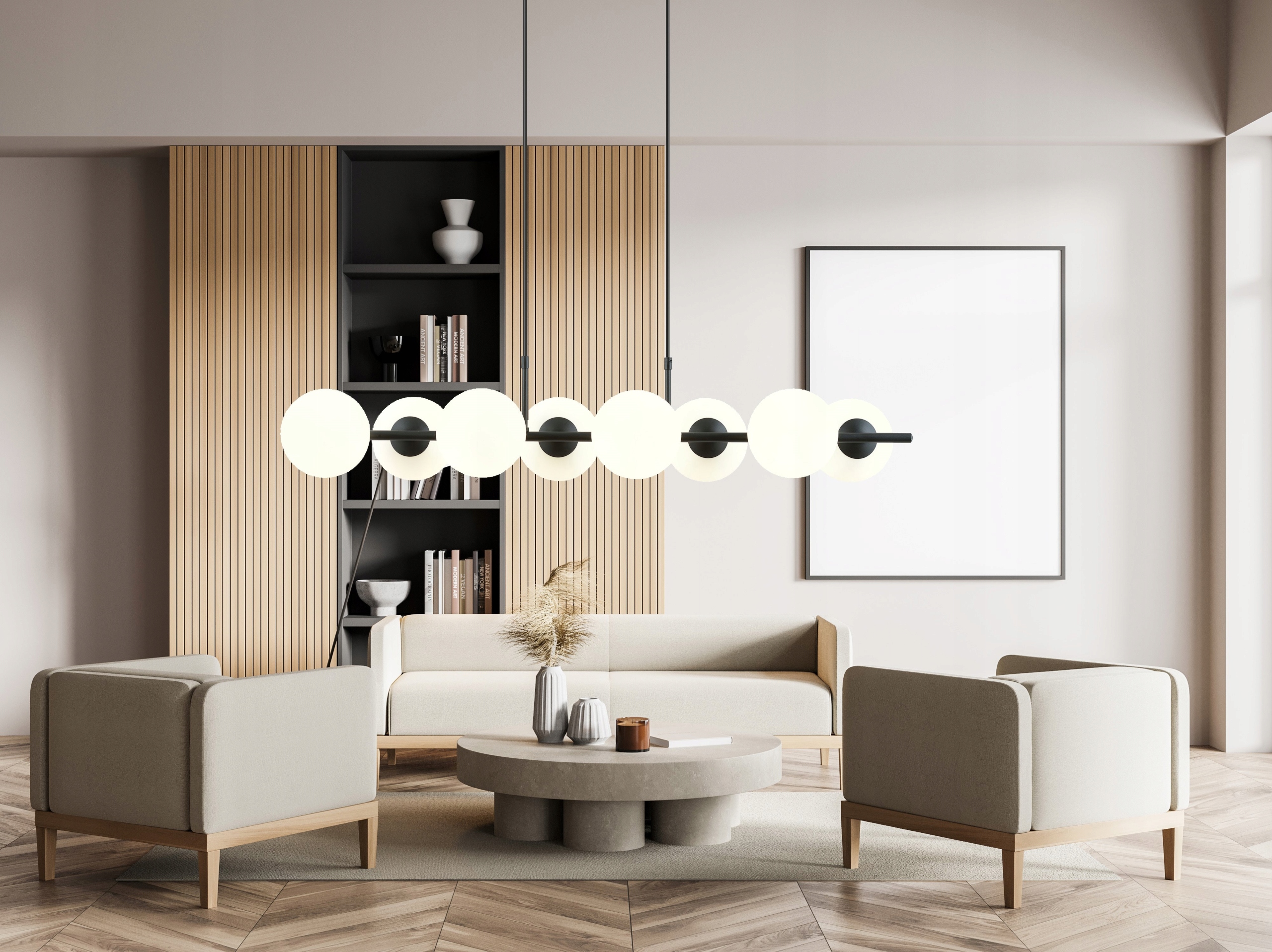 Závěsné sněhové koule, hlavní a jemné osvětlení jídelny a haly Rory