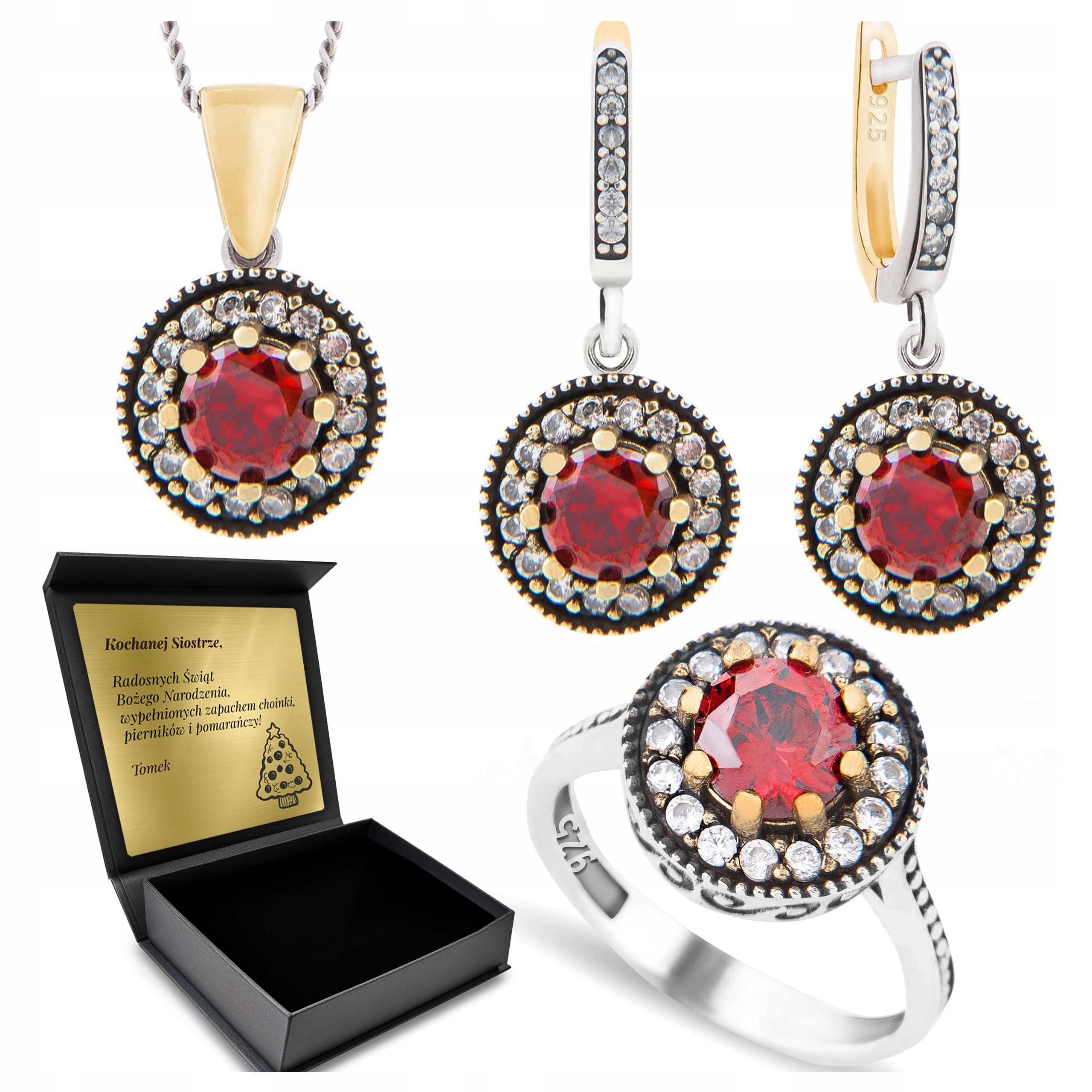 Sada Stříbrných Šperků 925 S Zirkony A Rubínem pro ženy Gravírování