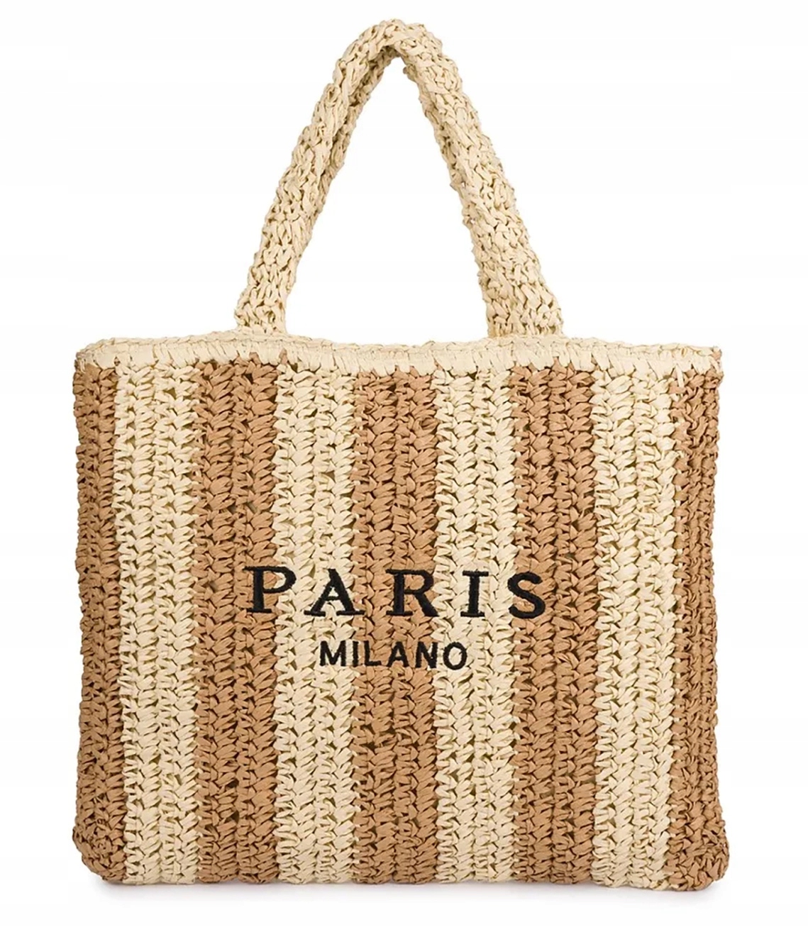 Velká pletená taška typu shoperka s vertikálními pruhy a nápisem Paris