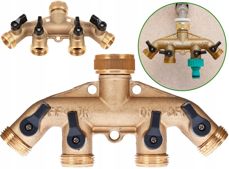 Rozdzielacz Kran 4-DROŻNY Mosiężny Zawory Kulowe System Nawadniania Ogród