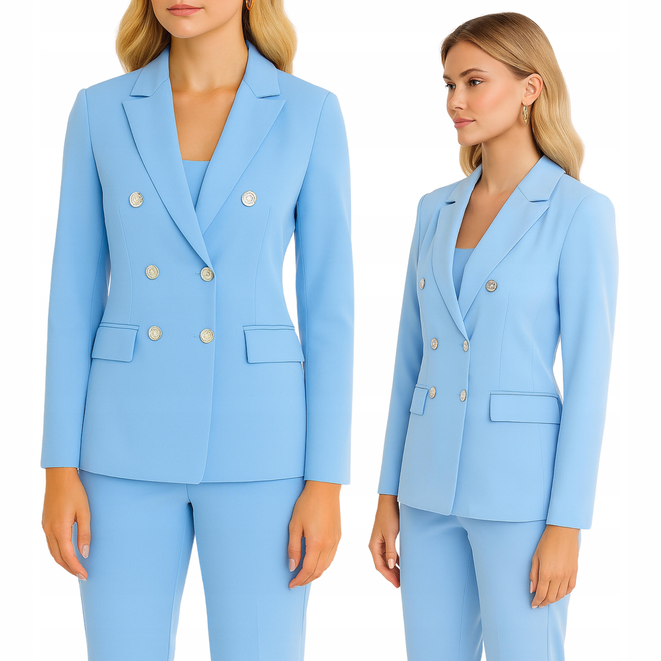 Komplet damski garniturowy marynarka i spodnie w kant niebieski