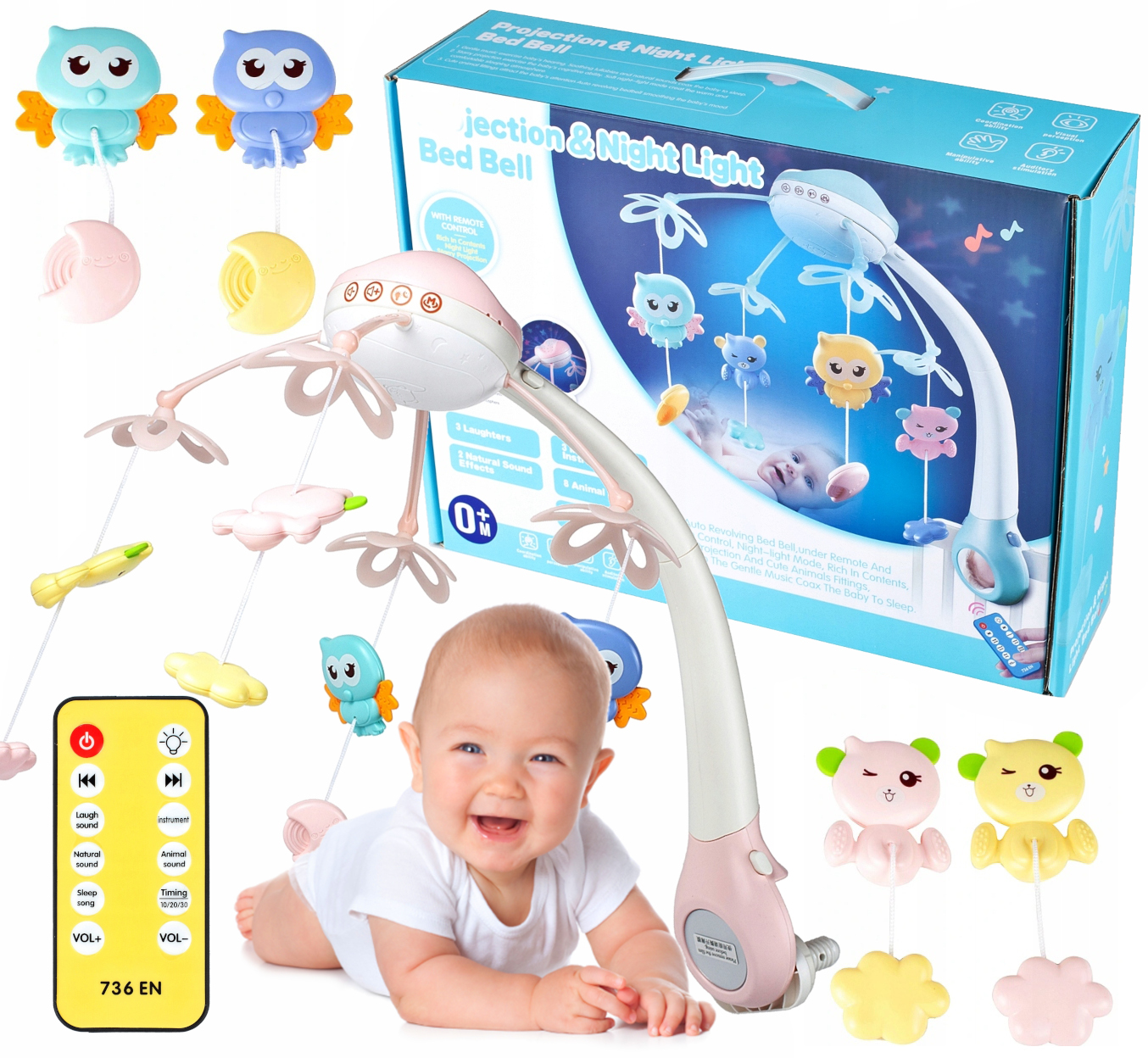 Karuzela do łóżeczka 500 MELODII PROJEKTOR LED TIMER Sterowanie na PILOT Baterie 3xAAA