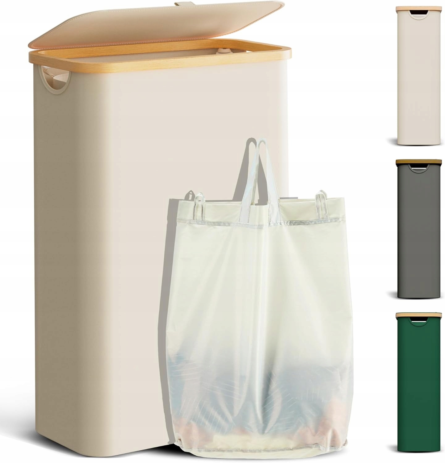 Bambusový Kôš Na Bielizeň 48 L Úzky S Vekom, Skladací, Béžový, 60 CM