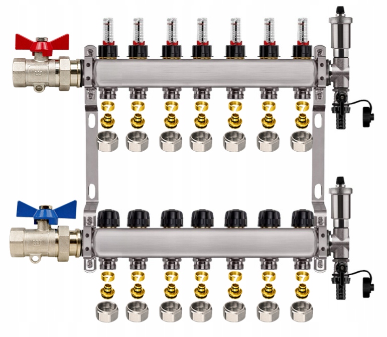 Rozdělovač Pro Podlahovku 7 Nerezových Okruhů Jednoduchý Ventil Pexové Spojky