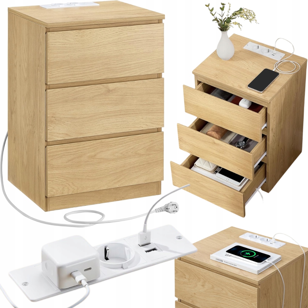 Nočný stolík s nabíjacou stanicou Nočná Skrinka s zásuvkami 2x Usb s zásuvkami