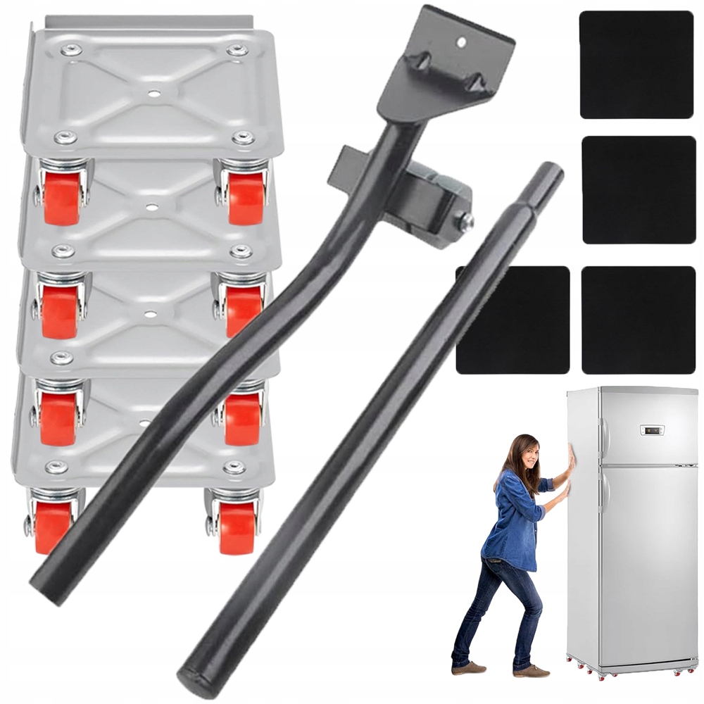 Set Rolky x4 Pro Přepravu Posuvníku Nábytku Brzdy 600KG Dlouhá Rukojeť