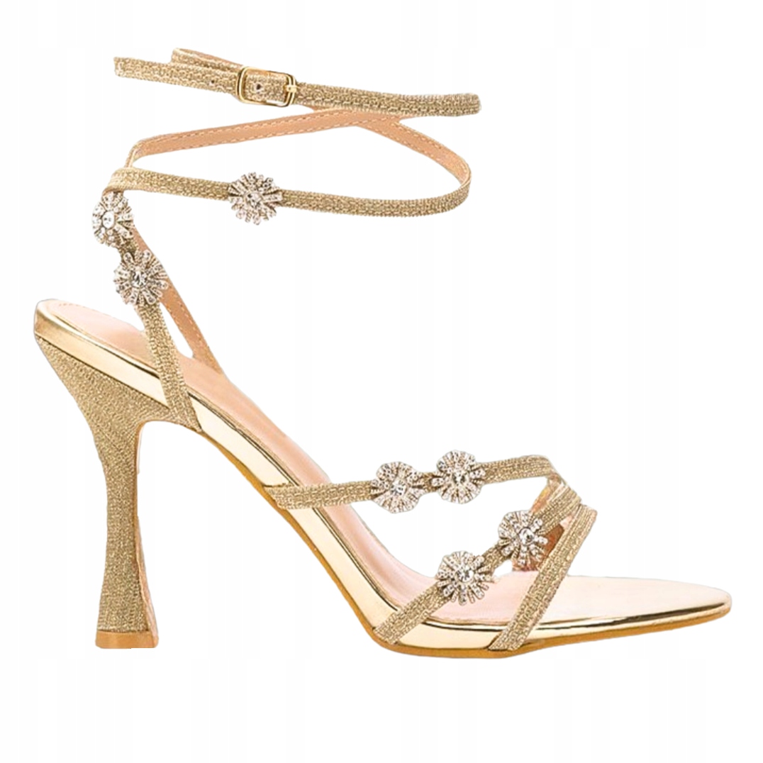 Złote Buty Sandały Brokatowe Szpilki Ozdobne Kwiaty Cyrkonie 36