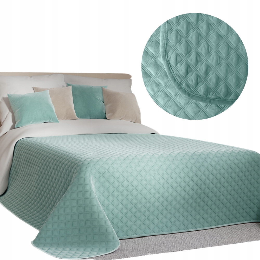 Welurowa pikowana narzuta na łóżko 220x240 cm, miętowa Velvi miękka kapa