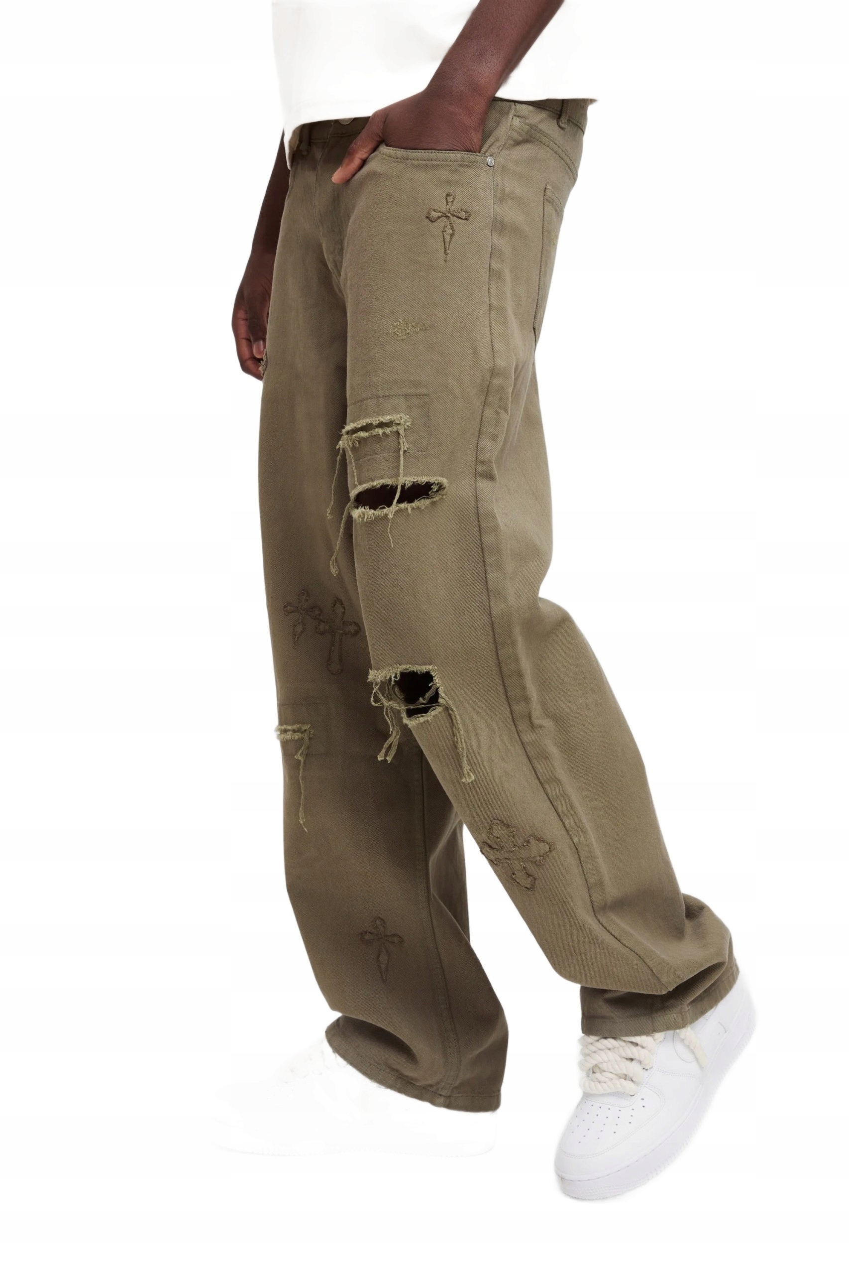 Boohooman Pánské Rovné Džíny S Dírami A Výšivkami Khaki 32 Z3A