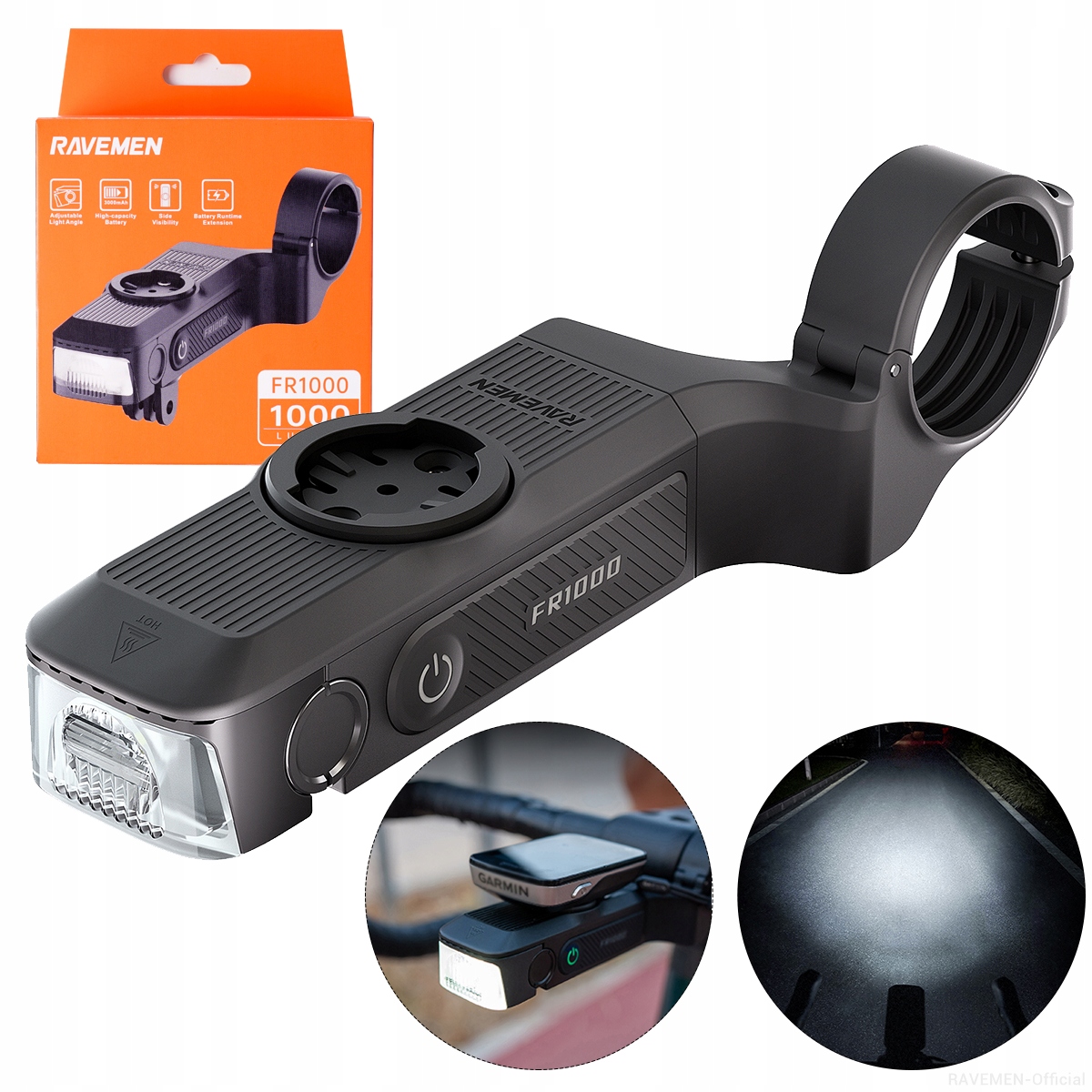 Přední světlo Ravemen FR1000, dobíjecí, držák Gps pro Garmin/Wahoo/XOSS