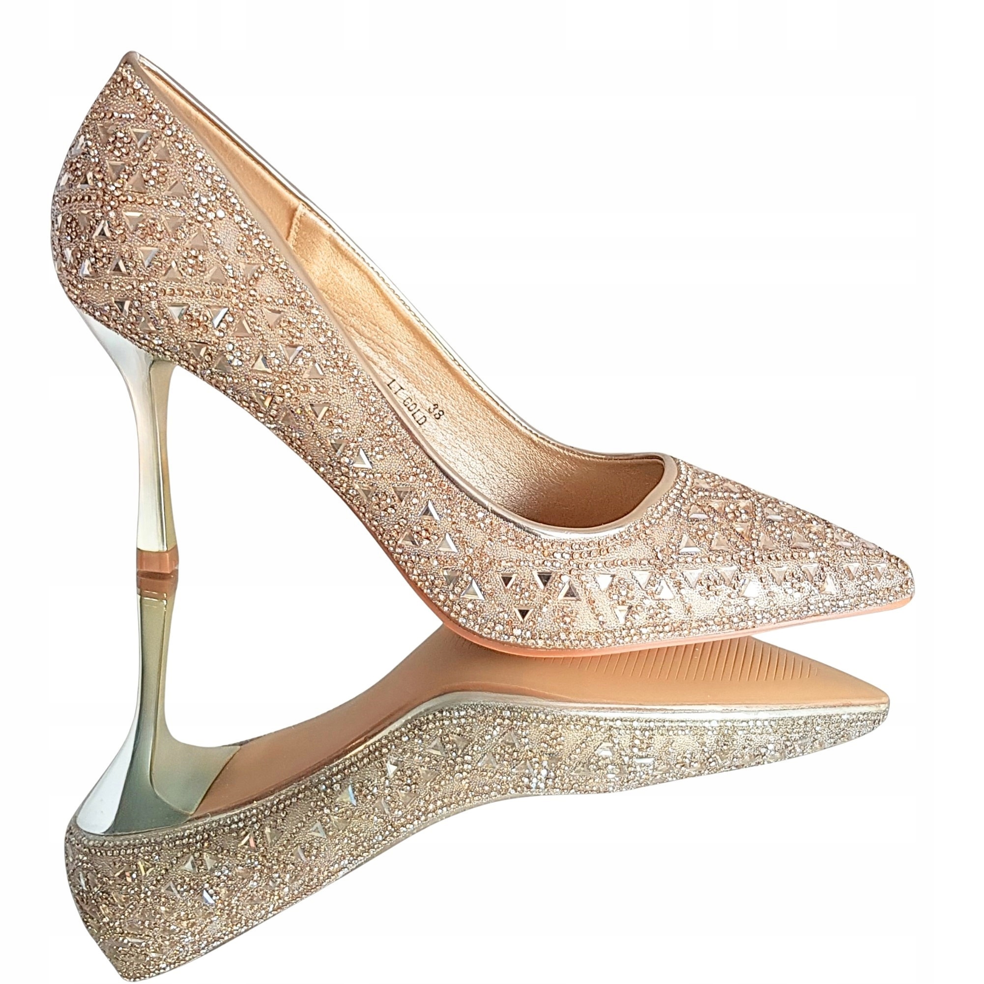 Złote Czółenka Lustrzane Szpilki Glamour Brokat Kryształki Cyrkonie 36