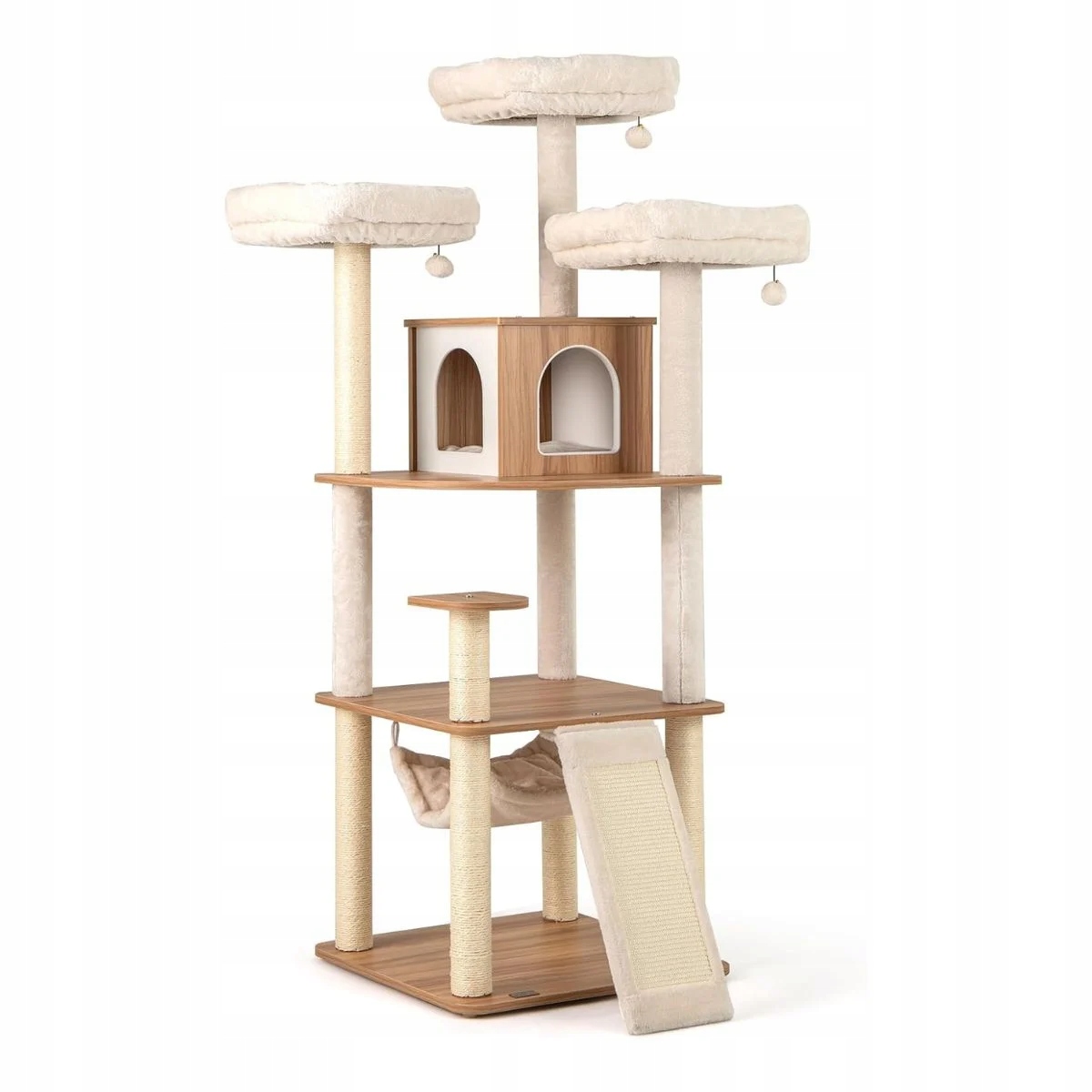 Levně Dřevěné škrabadlo pro kočky Pelíšek s domečkem pro kočky a houpací sítí