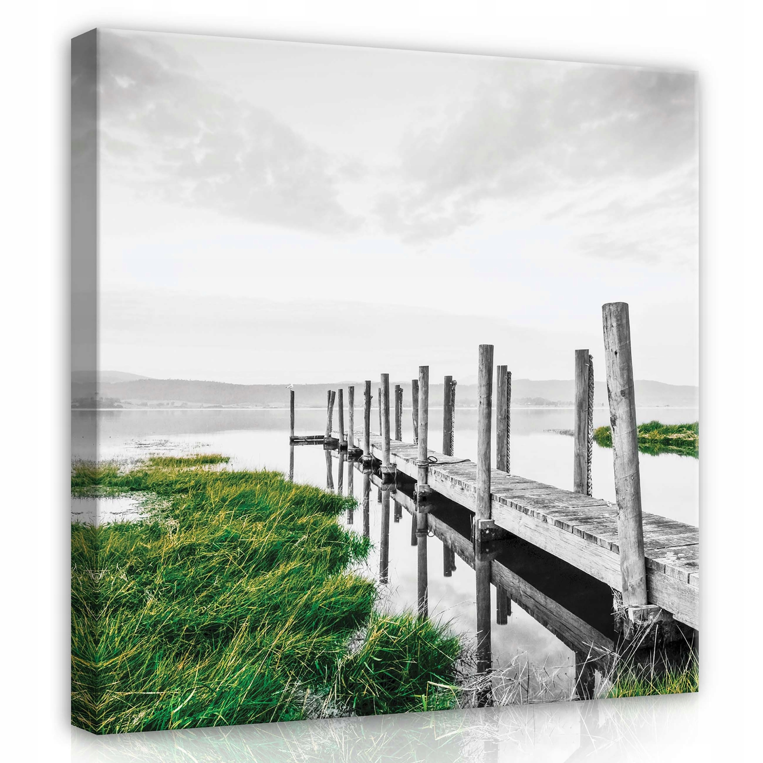 Obraz 80x80 Klid ticho tráva voda molo monochrom zelený akcent příroda