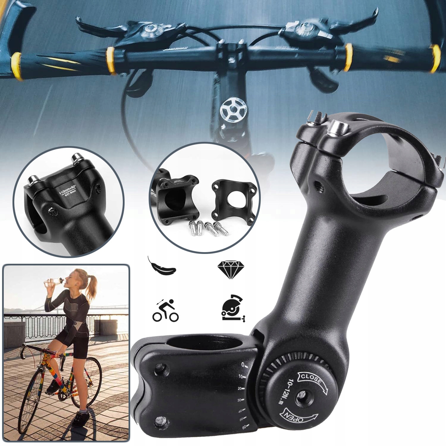 PODWYŻSZENIE KIEROWNICY ROWEROWEJ, ALUMINIOWA REGULACJA ± 60 STOPNI, 31,8MM