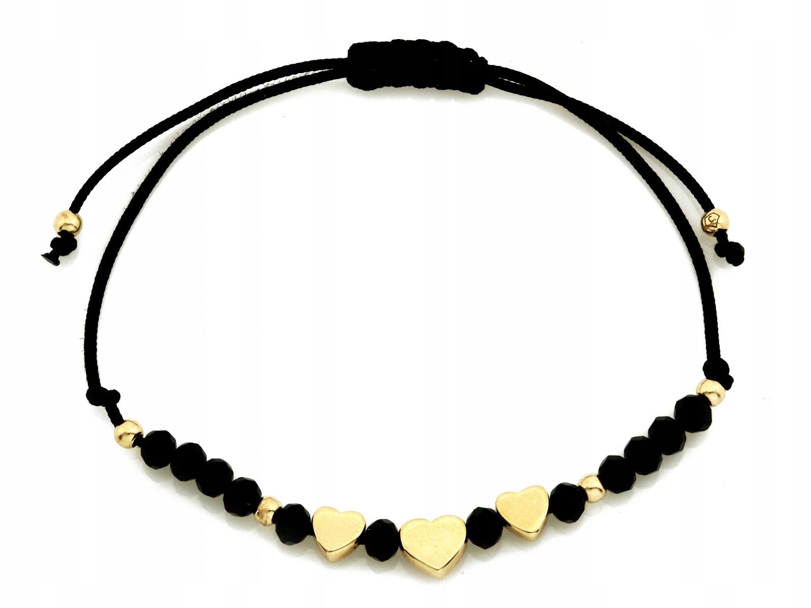Zlatý náramek 585 kuliček a srdce na černém provázku jako dárek 1.24 g