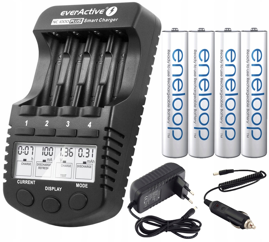 Nabíječka Baterií Aa Aaa LCD 4 Nezávislé Kanály +4x Nabíjecí Baterie Eneloop