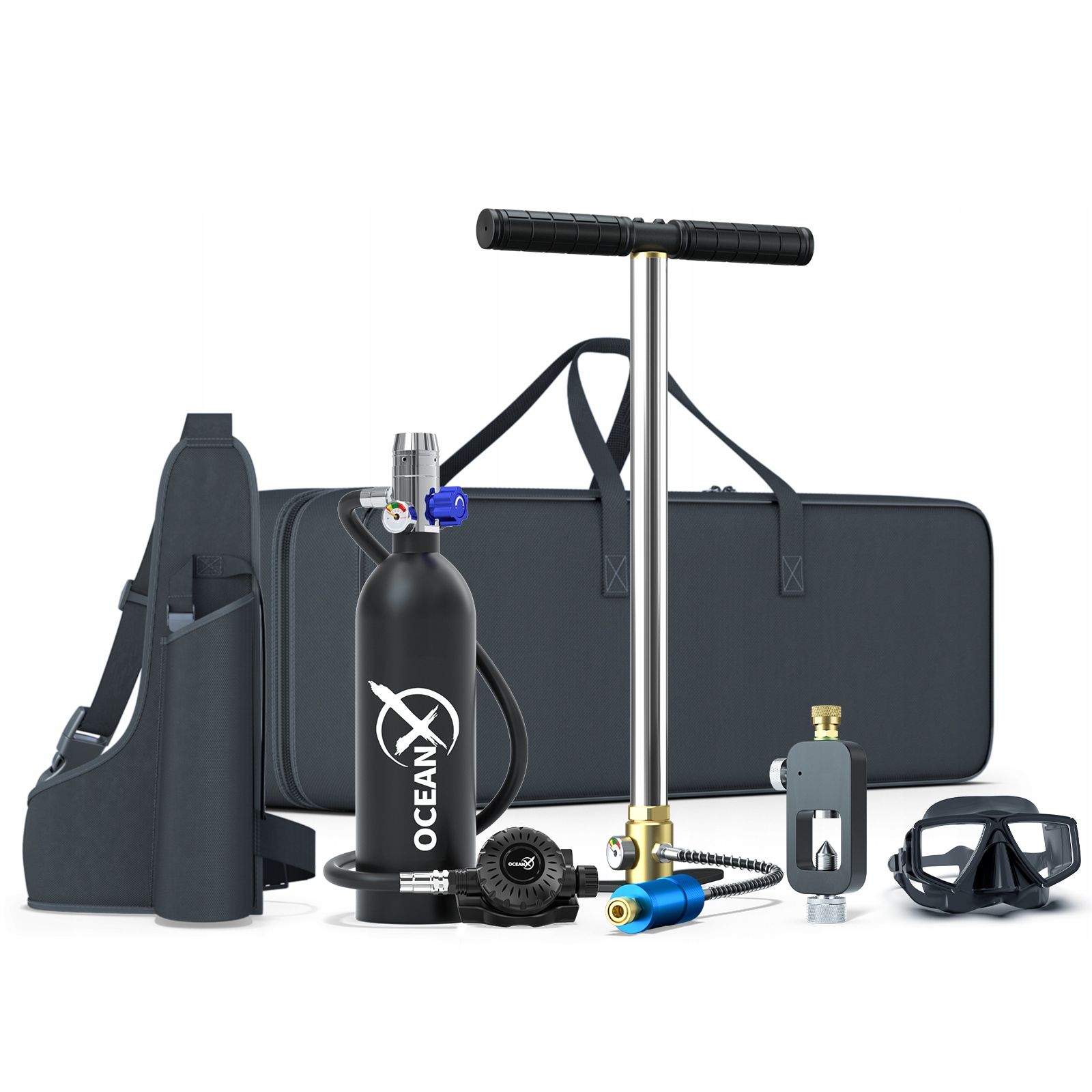 Sada 1L potápěčské láhve s pumpičkou a taškou Potápěčské Brýle Adaptér 6v1 OceanX