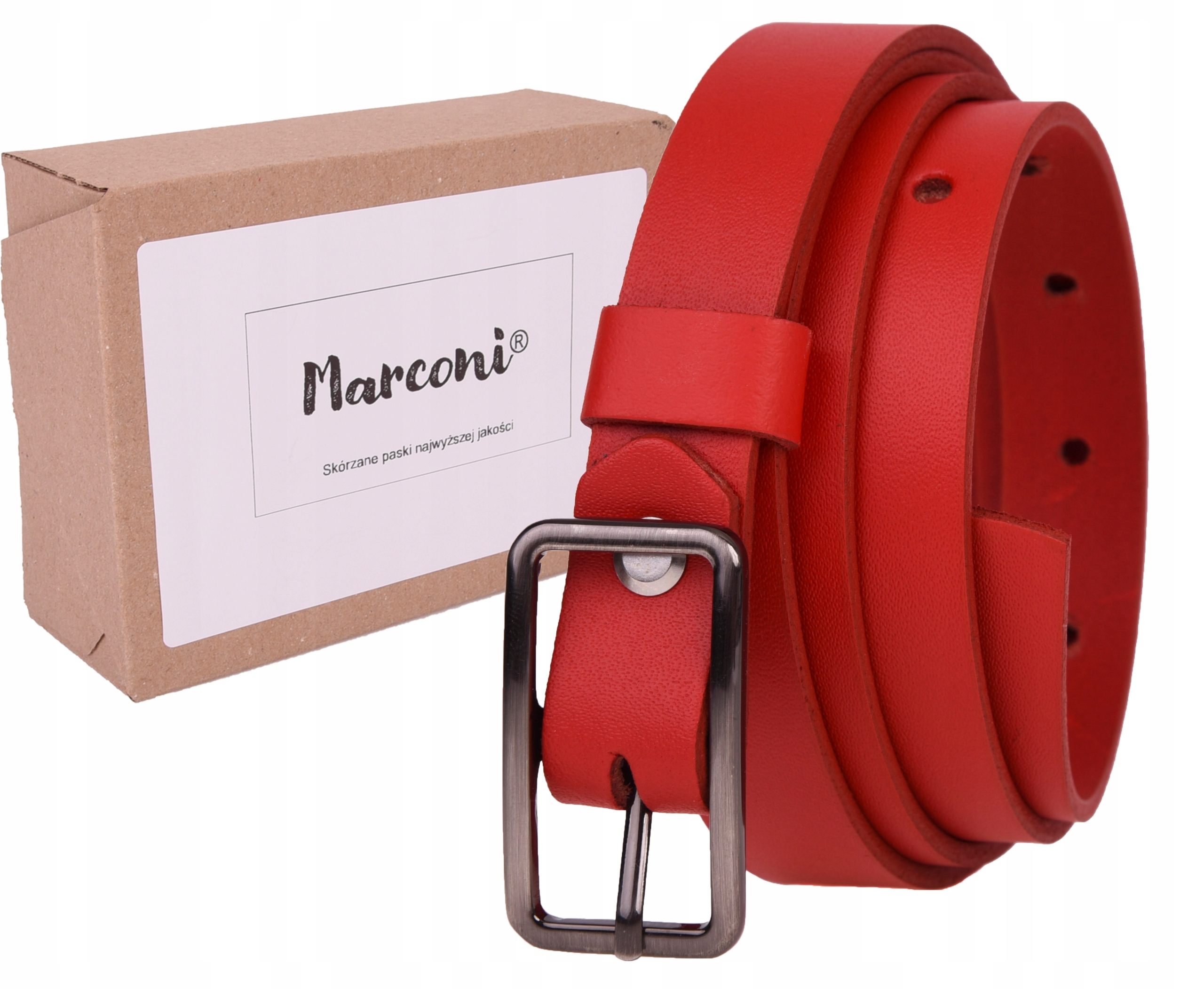 Wąski SKÓRZANY Pasek damski 2 CZERWONY do sukienki
