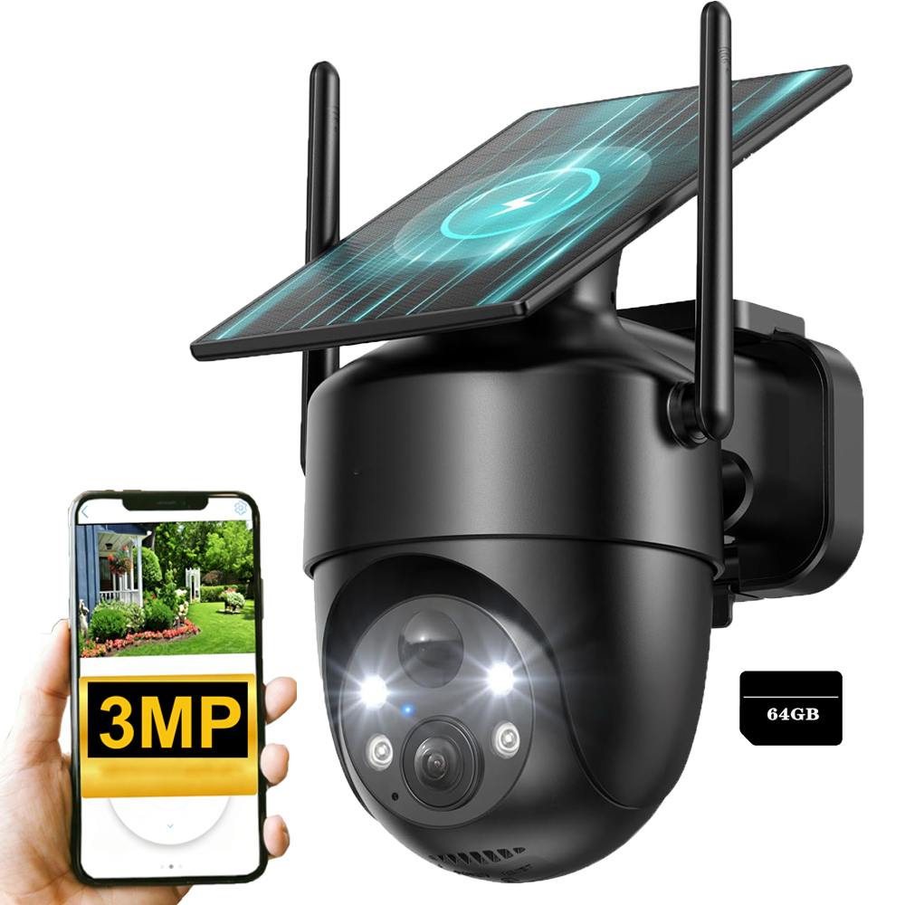 Venkovní kamera 2K Solar WiFi 3MPX pro barevné noční vidění Alexa s 64GB kartou