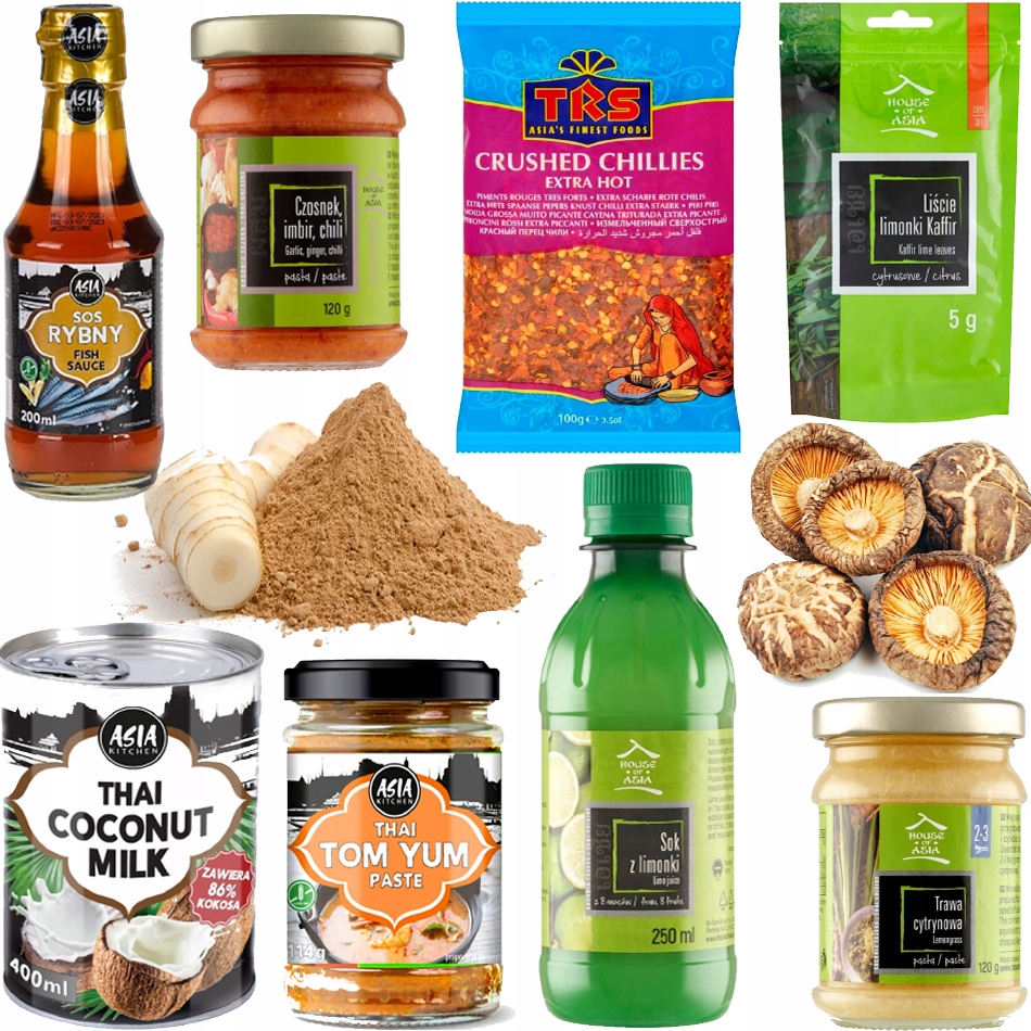 Zestaw Składników Do Ostrej Tajskiej Zupy Krewetkowej Tom Yum 10 Produktów