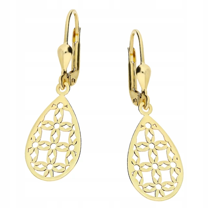 Zlaté náušnice 585 pro ženy, visící prolamované kapky, jako dárek 1,90 g