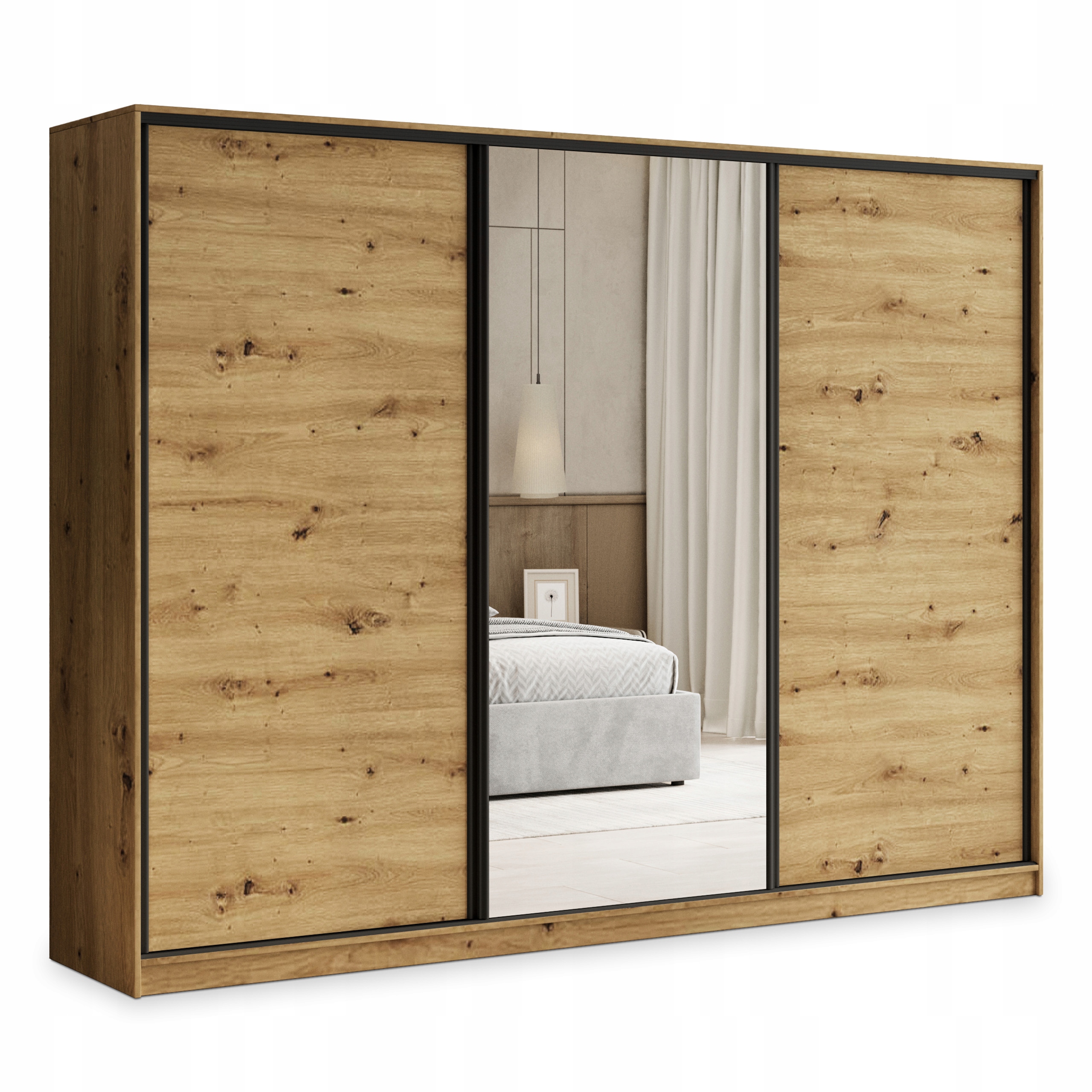 Skříň 250 cm se zrcadlem Třídveřová zásuvka Dub Artisan