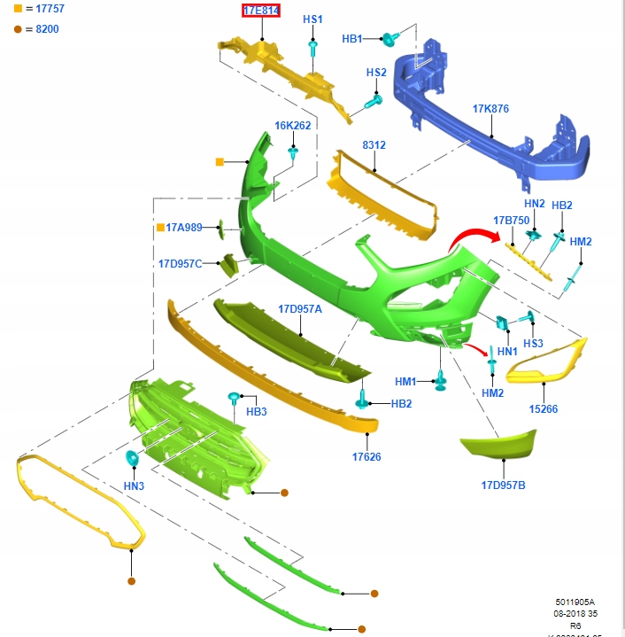 UCHWYT GORNY ZDERZAKA PRZOD FORD ECOSPORT 2017 Installation side Front