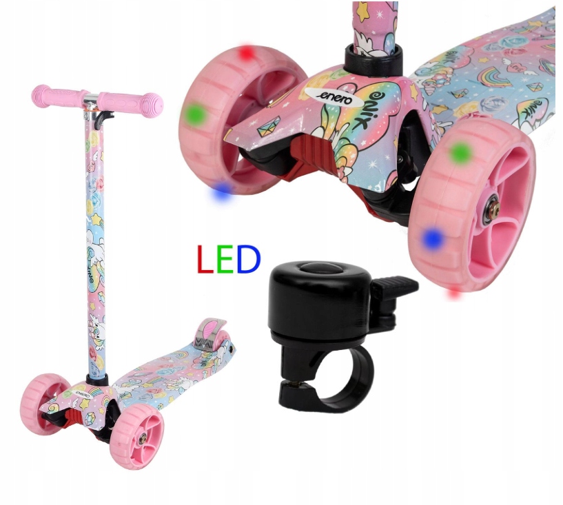 Hulajnoga Led dla dzieci Dzwonek trójkołowa Różowa bezpieczna Unicorn Róż