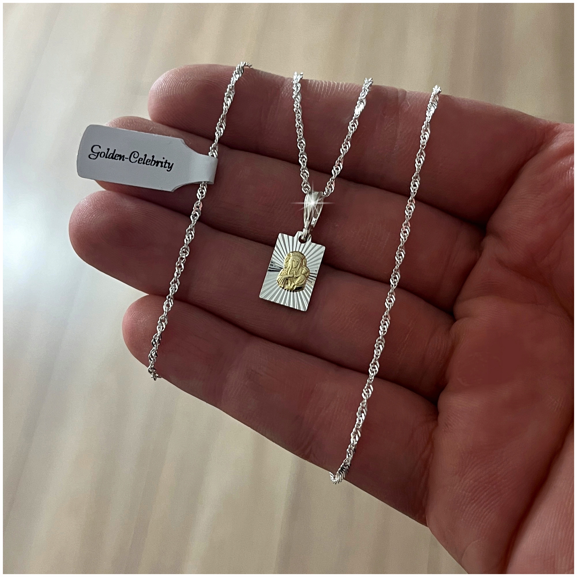 SREBRNY ŁAŃCUSZEK + MEDALIK MATKA BOSKA 925 PREZENT KOMUNIA CHRZEST GRAWER Marka Golden Celebrity