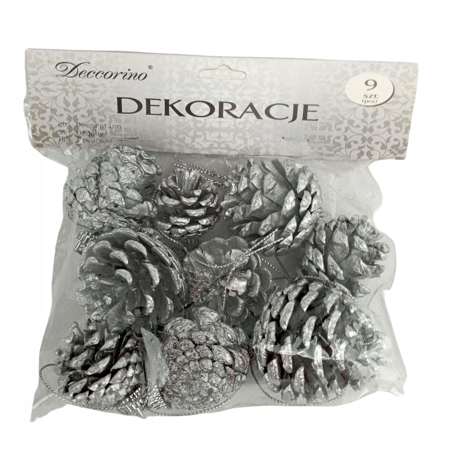 

Srebrne Szyszki na Choinkę 9szt. Ozdoby Choinkowe