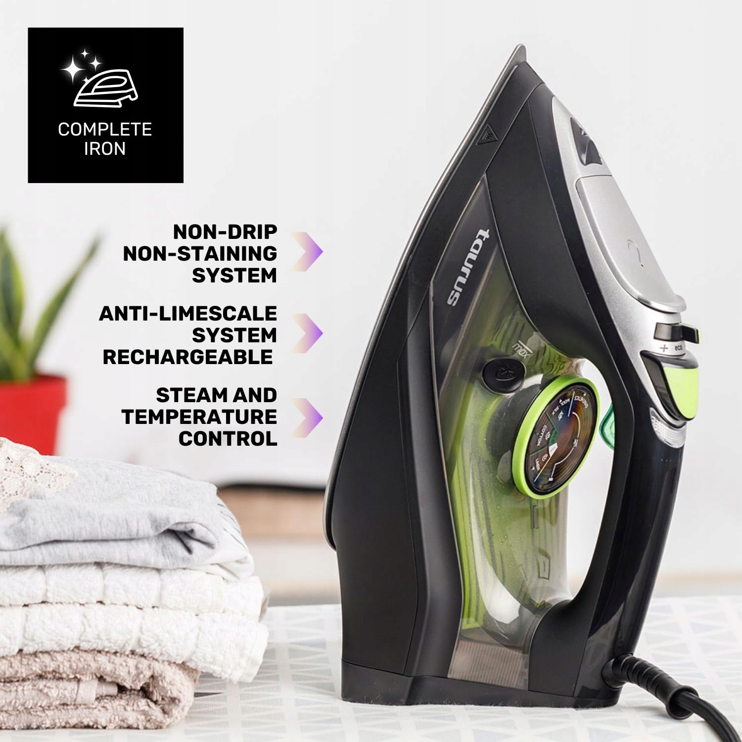 TAURUS Żelazko Parowe 3000W 200g/min Precyzyjna Końcówka ECO Czarny — miniatura 3
