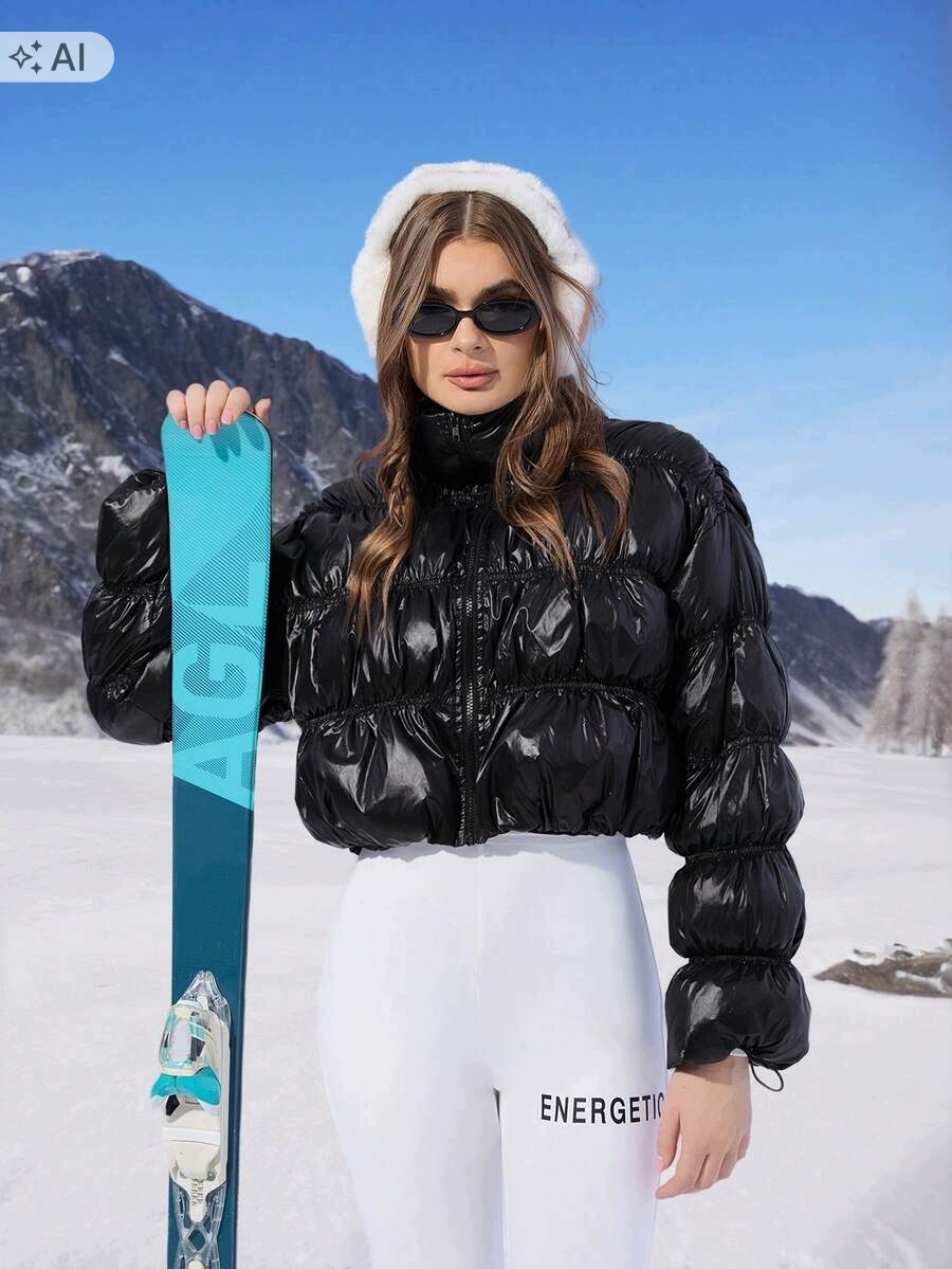 Shein Černá Prošívaná Krátká Péřová Bunda S Rolákem 38 1L