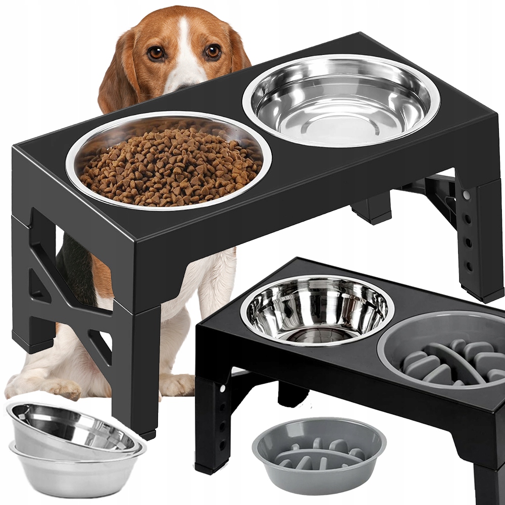 Levně Miska Pro Psa Kočku S Nastavitelnou Výškou Na Stojanu, Dvojitá, Nepromokavá, 2V1