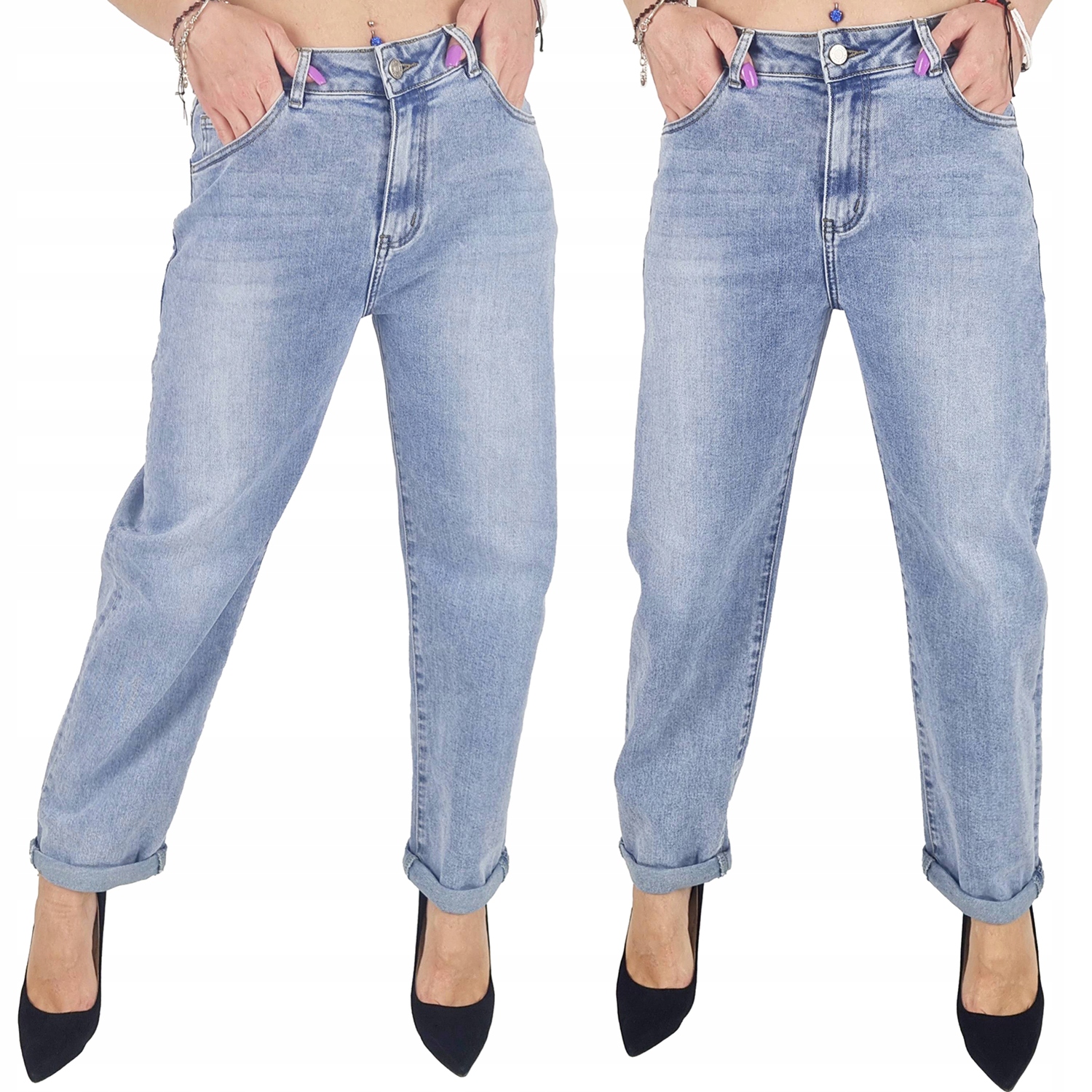 Balloon Modne Damskie Spodnie Jeansowe Błękitne Wysoki Stan