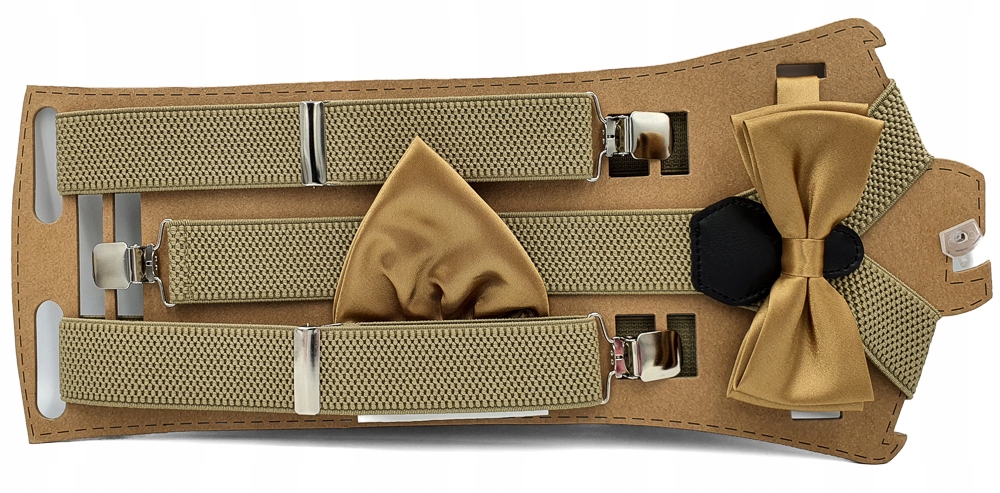 Beżowe szelki mucha stare złoto w połysku wypustka Model SZELKI BEŻOWE PIASKOWE MUCHA STARE ZŁOTO W POŁYSKU