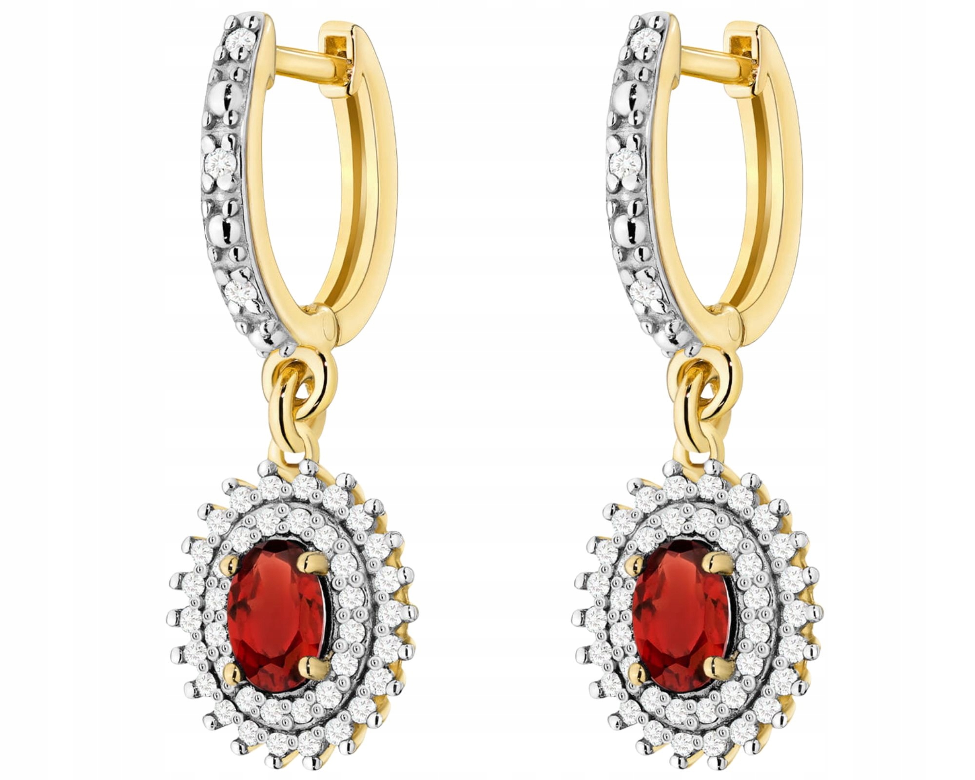 Zlaté Náušnice Přírodní Kámen Granátové Jablko Diamanty Zlato 585 14K Dárek